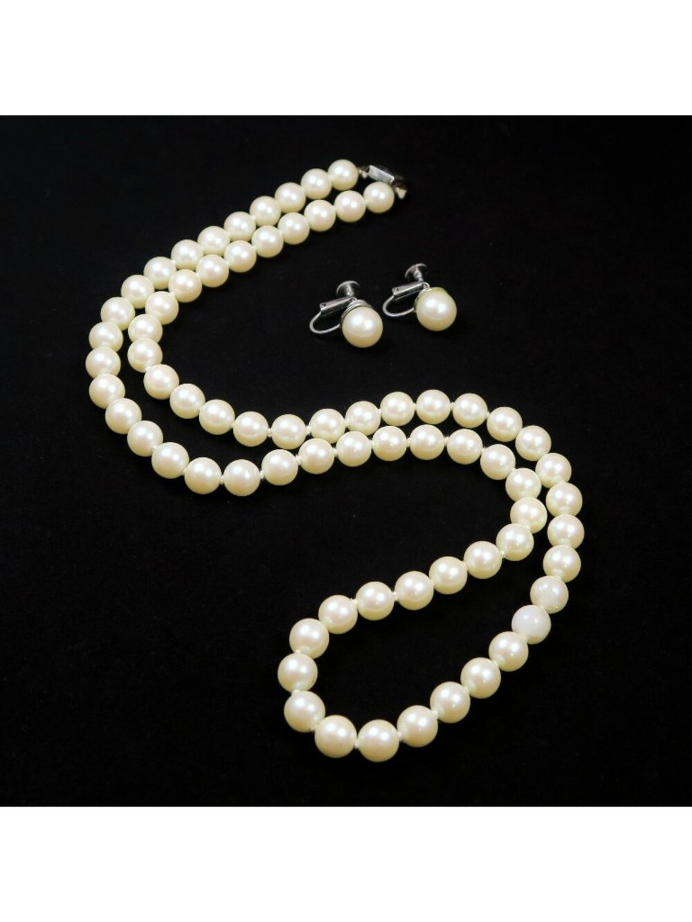 Faux Pearl Necklace and Clip-On Earrings Set Vintage Mid-Century Jewelry